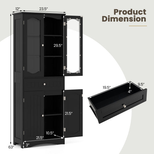 63 Inch Tall Bathroom Storage Cabinet with 2 Glass Doors and Adjustable Shelves-Black