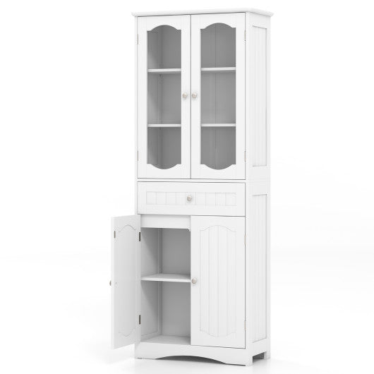 63 Inch Tall Bathroom Storage Cabinet with 2 Glass Doors and Adjustable Shelves Drawer-White