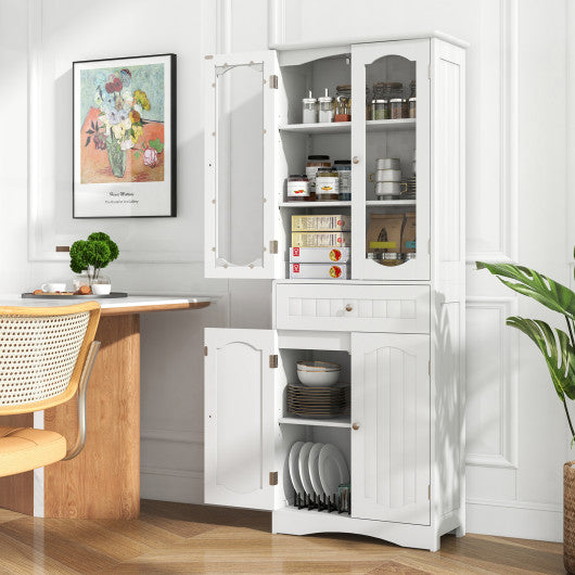 63 Inch Tall Bathroom Storage Cabinet with 2 Glass Doors and Adjustable Shelves Drawer-White