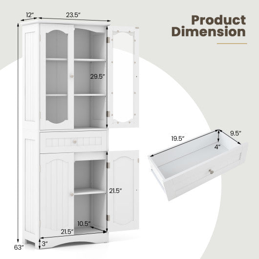 63 Inch Tall Bathroom Storage Cabinet with 2 Glass Doors and Adjustable Shelves Drawer-White