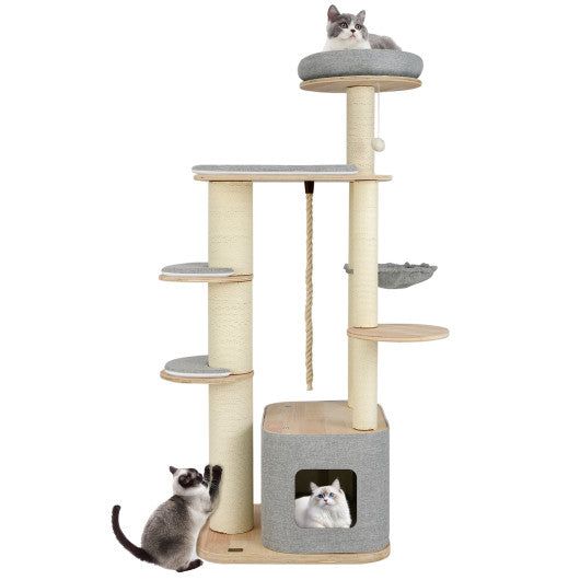 63 Inch Tall Cat Tree Modern Wooden Cat Tower with Perch Condo Hammock-Gray
