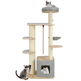 63 Inch Tall Cat Tree Modern Wooden Cat Tower with Perch Condo Hammock-Gray