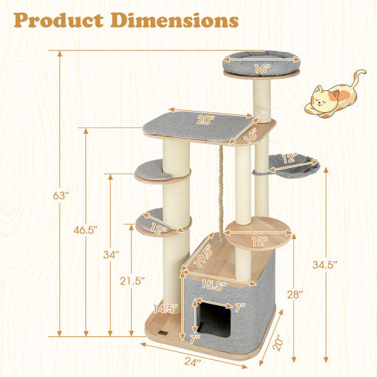 63 Inch Tall Cat Tree Modern Wooden Cat Tower with Perch Condo Hammock-Gray