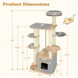 63 Inch Tall Cat Tree Modern Wooden Cat Tower with Perch Condo Hammock-Gray