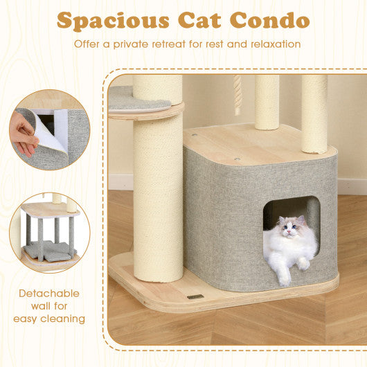 63 Inch Tall Cat Tree Modern Wooden Cat Tower with Perch Condo Hammock-Gray