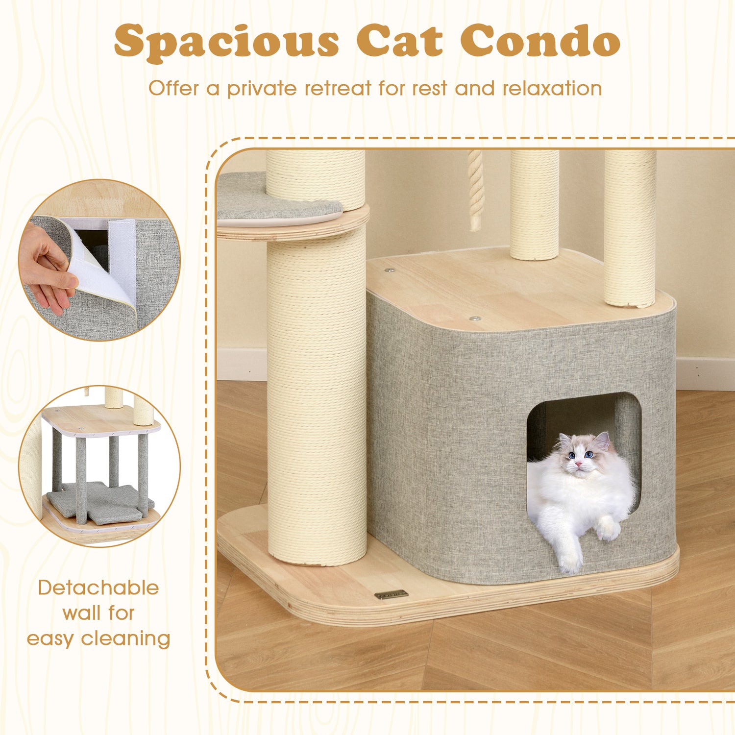 63 Inch Tall Cat Tree Modern Wooden Cat Tower with Perch Condo Hammock-Gray