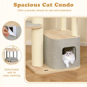 63 Inch Tall Cat Tree Modern Wooden Cat Tower with Perch Condo Hammock-Gray