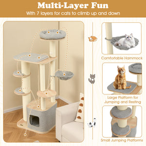 63 Inch Tall Cat Tree Modern Wooden Cat Tower with Perch Condo Hammock-Gray