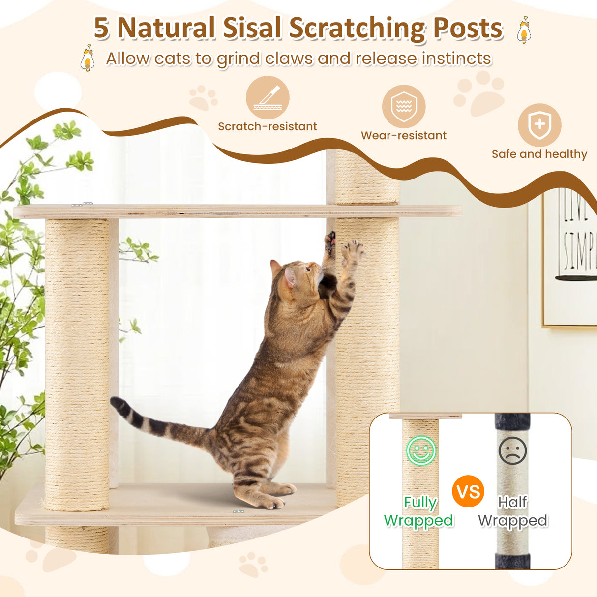 63 Inch Tall Wooden Cat Tree with 2-Story Condo and Plush Padded Top Perch-Natural