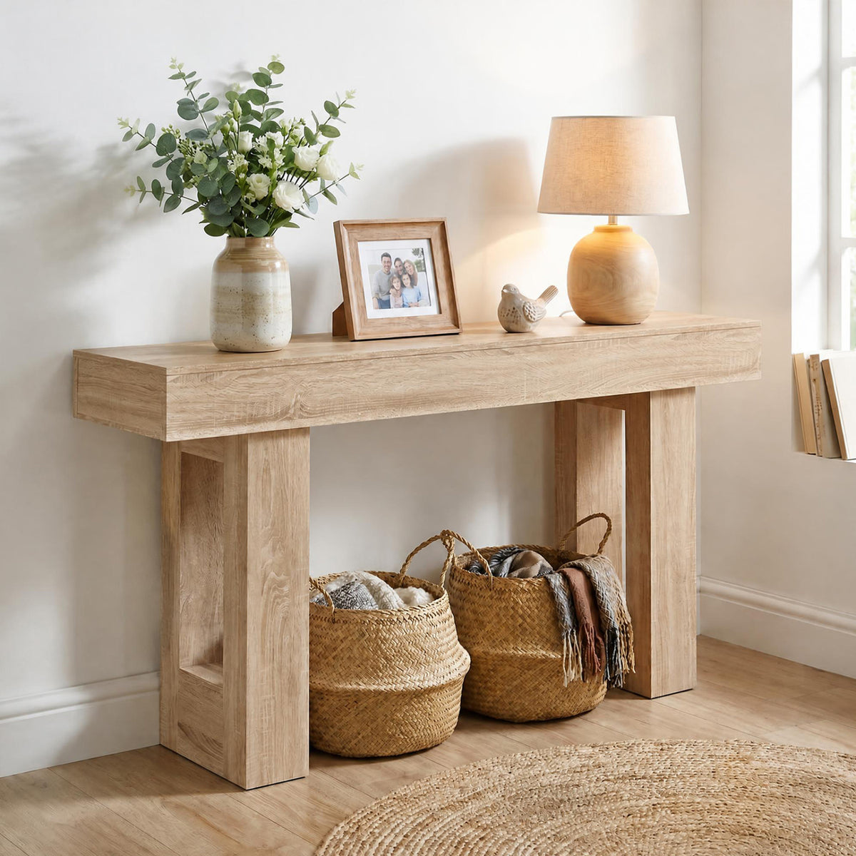 63 Inches Long Console Table Farmhouse Entryway Table with Storage-Natural