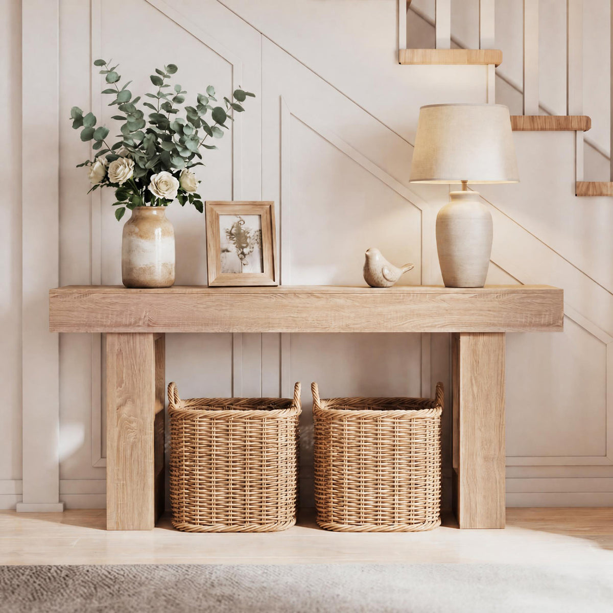 63 Inches Long Console Table Farmhouse Entryway Table with Storage-Natural