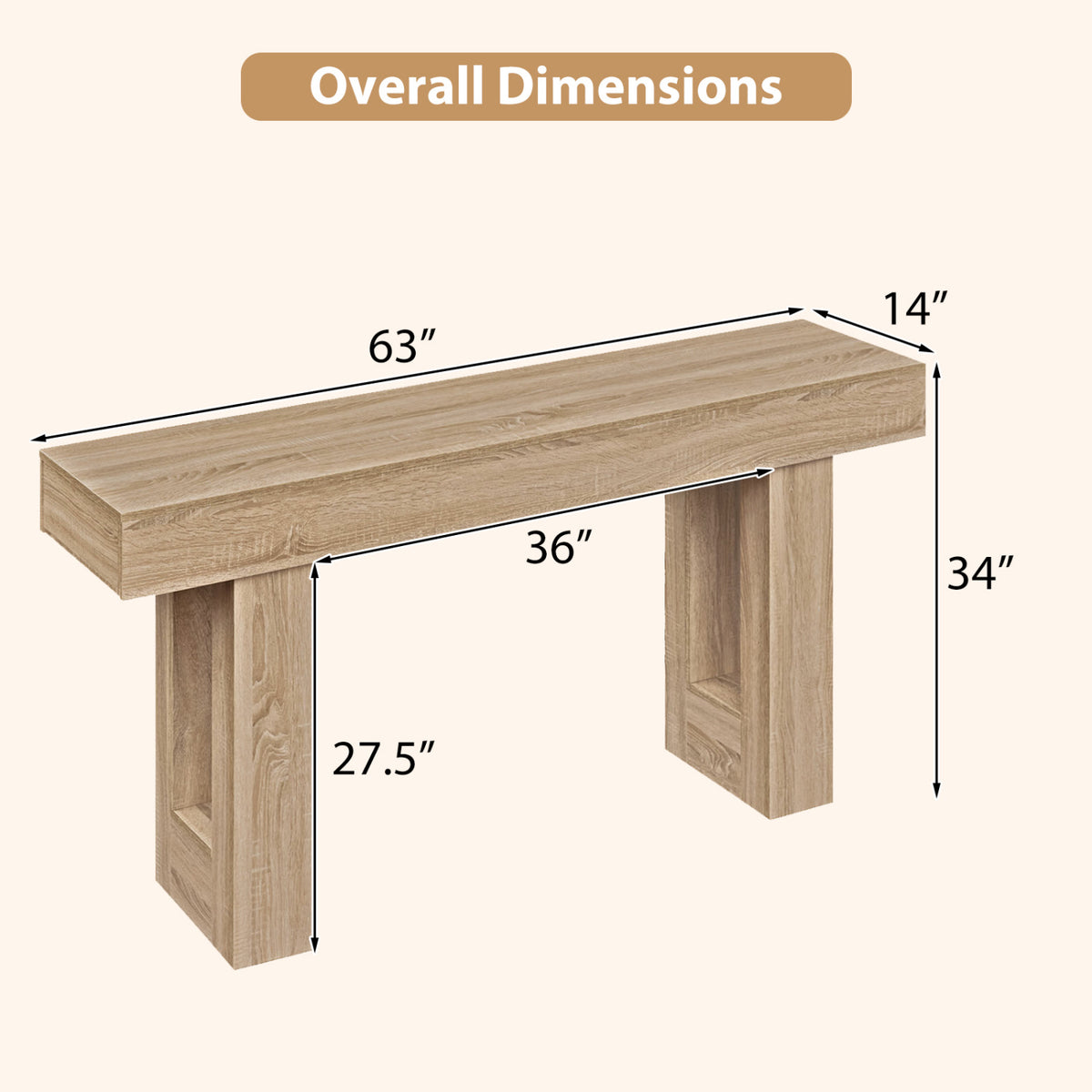 63 Inches Long Console Table Farmhouse Entryway Table with Storage-Natural