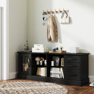 63 Inches Media Console Table with 3 Drawers and 2 Glass Shelves-Black