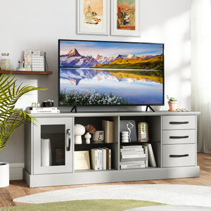 63 Inches Media Console Table with 3 Drawers and 2 Glass Shelves-Gray