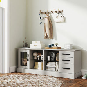 63 Inches Media Console Table with 3 Drawers and 2 Glass Shelves-Gray