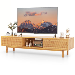 63 Inches Mid Century Modern Bamboo TV Stand with Sliding Doors-Natural