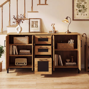 63" Sideboard Buffet Cabinet with 3 Drawers and Storage Shelves-Natural