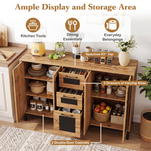 63" Sideboard Buffet Cabinet with 3 Drawers and Storage Shelves-Natural