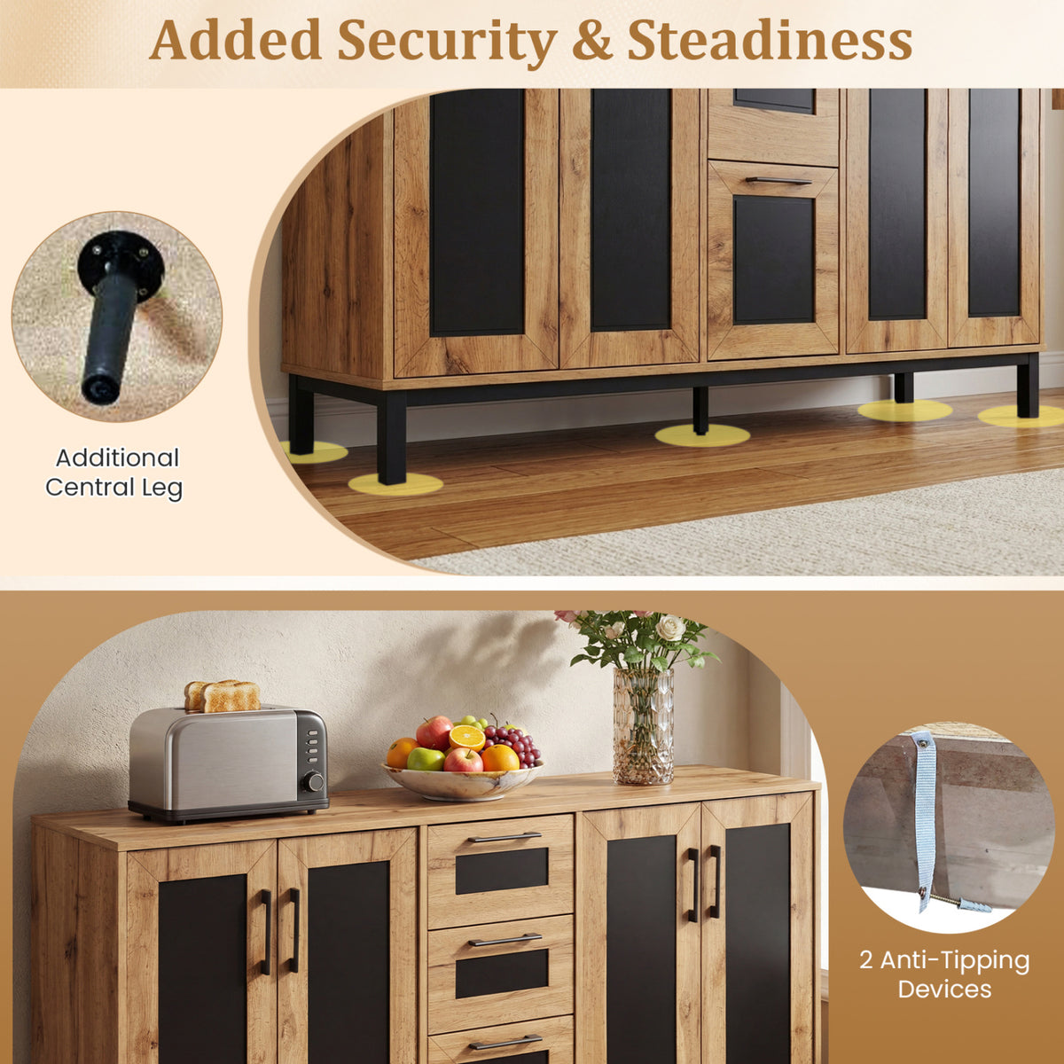 63" Sideboard Buffet Cabinet with 3 Drawers and Storage Shelves-Natural