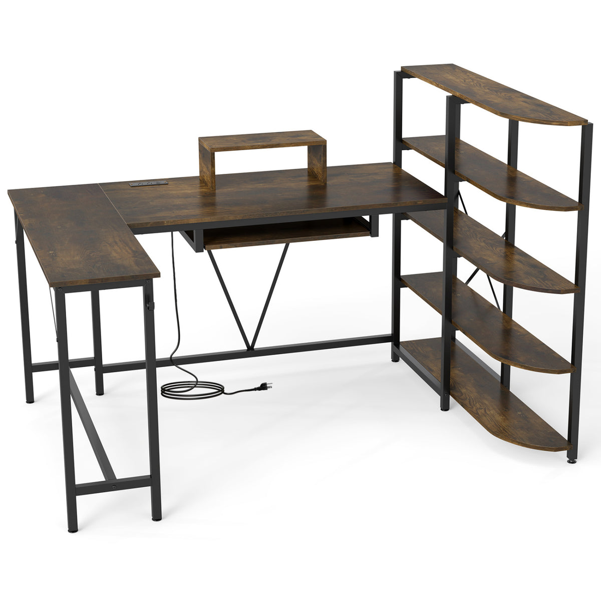 63" U-shaped Computer Desk with Power Outlets 5-Tier Bookshelf and Keyboard Tray-Rustic Brown