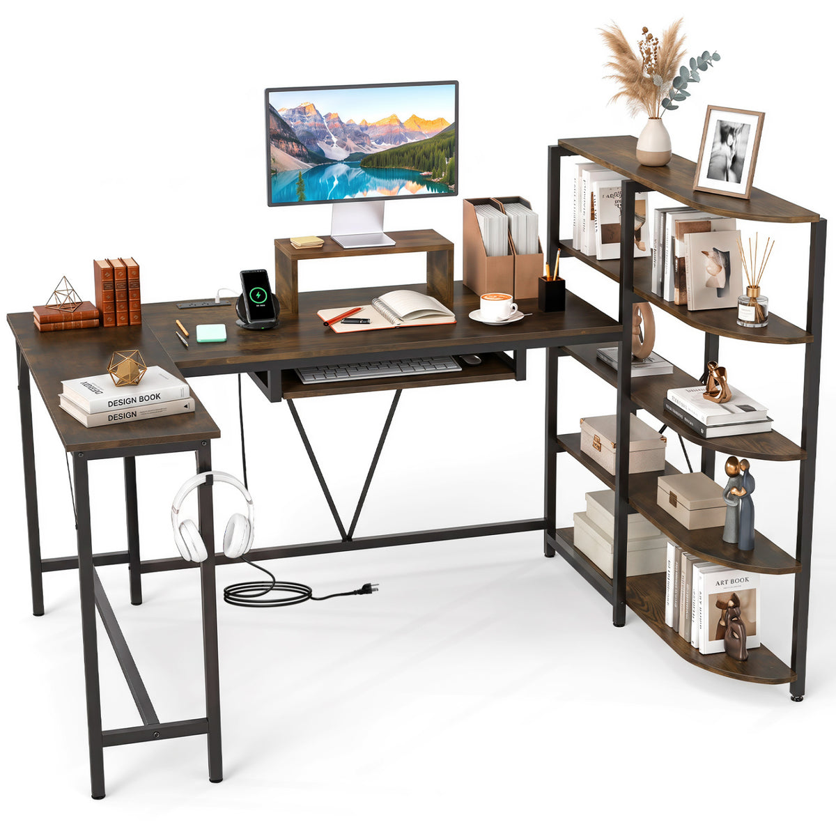 63" U-shaped Computer Desk with Power Outlets 5-Tier Bookshelf and Keyboard Tray-Rustic Brown