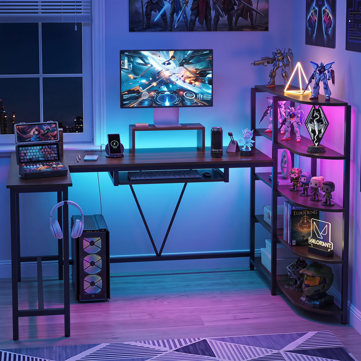 63" U-shaped Computer Desk with Power Outlets 5-Tier Bookshelf and Keyboard Tray-Rustic Brown