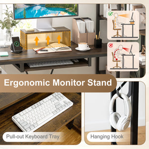 63" U-shaped Computer Desk with Power Outlets 5-Tier Bookshelf and Keyboard Tray-Rustic Brown