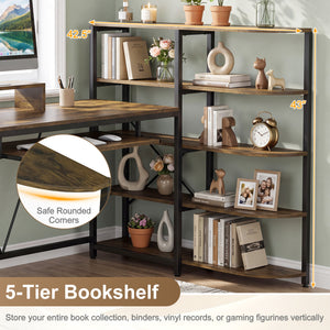 63" U-shaped Computer Desk with Power Outlets 5-Tier Bookshelf and Keyboard Tray-Rustic Brown