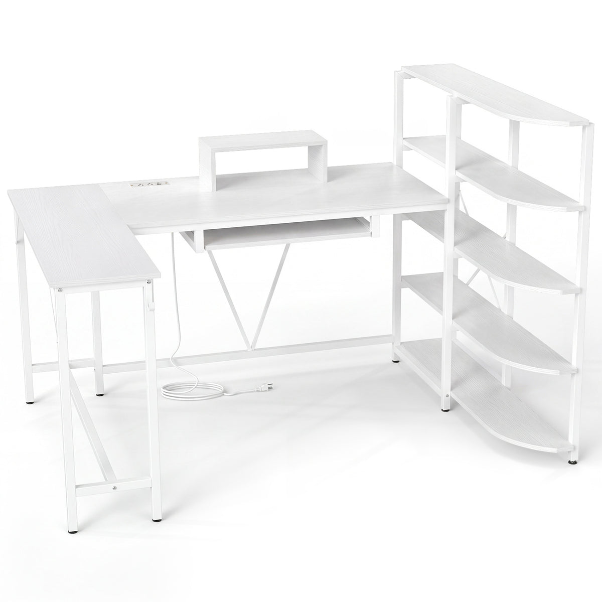 63" U-shaped Computer Desk with Power Outlets 5-Tier Bookshelf and Keyboard Tray-White