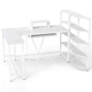 63" U-shaped Computer Desk with Power Outlets 5-Tier Bookshelf and Keyboard Tray-White