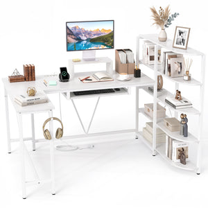 63" U-shaped Computer Desk with Power Outlets 5-Tier Bookshelf and Keyboard Tray-White