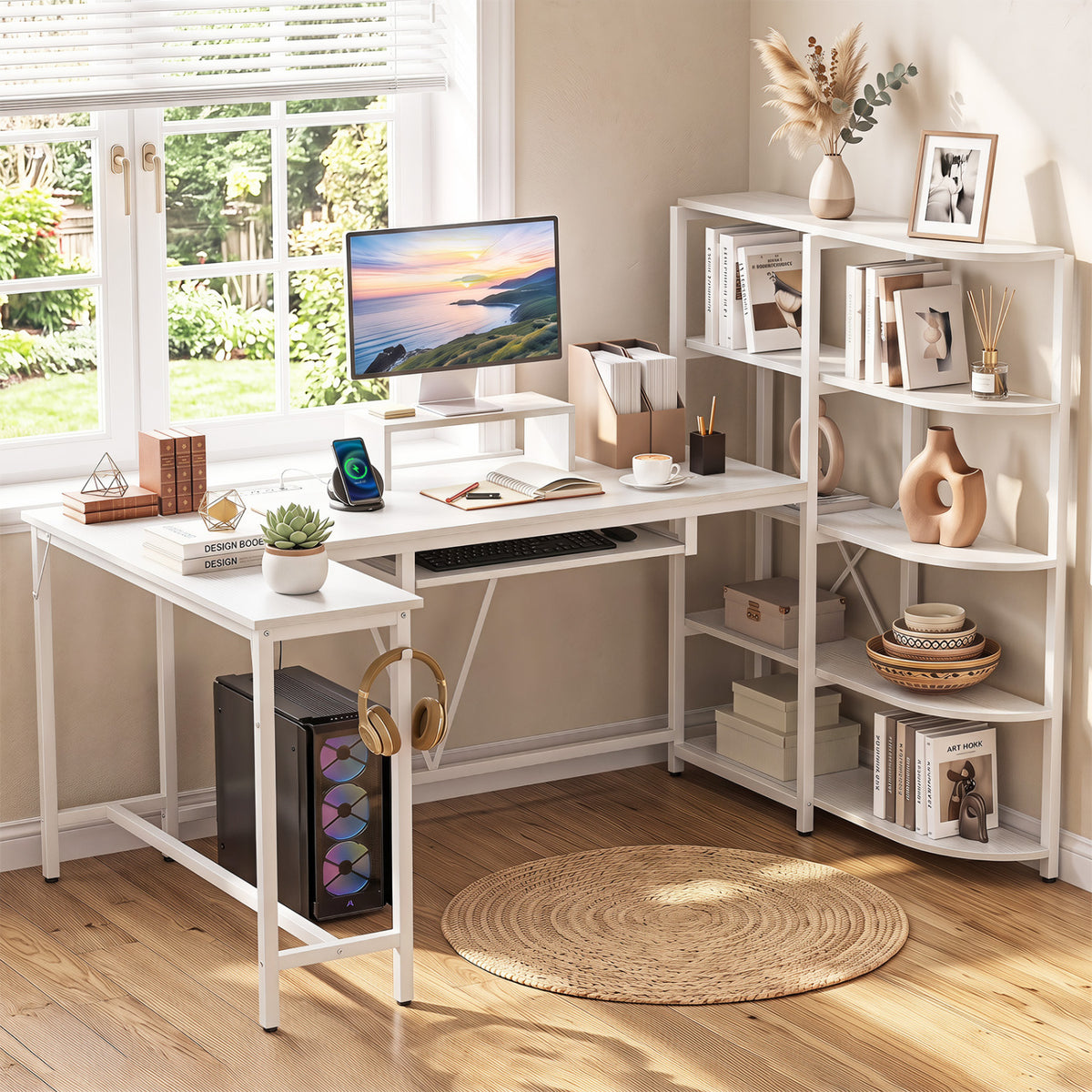63" U-shaped Computer Desk with Power Outlets 5-Tier Bookshelf and Keyboard Tray-White