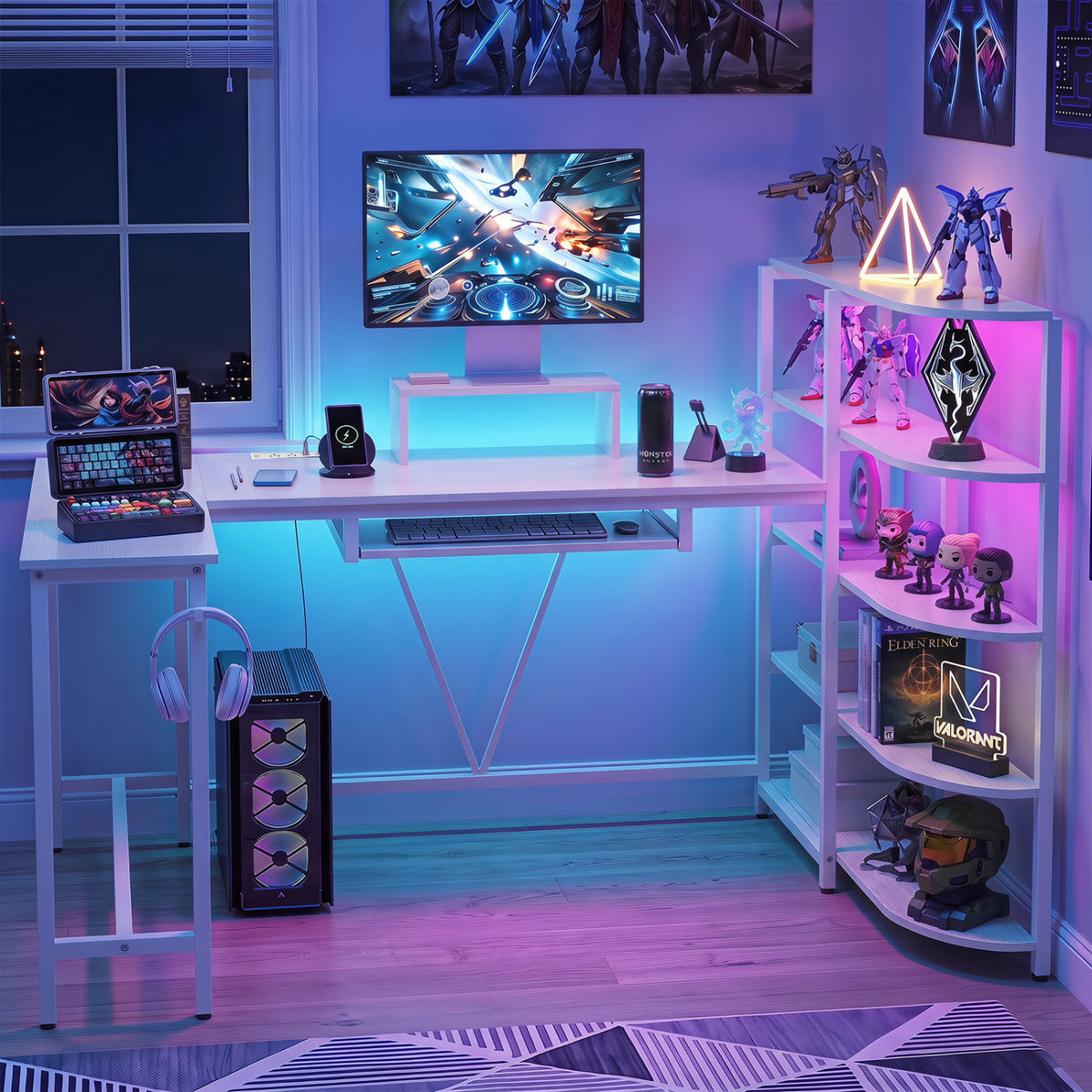 63" U-shaped Computer Desk with Power Outlets 5-Tier Bookshelf and Keyboard Tray-White