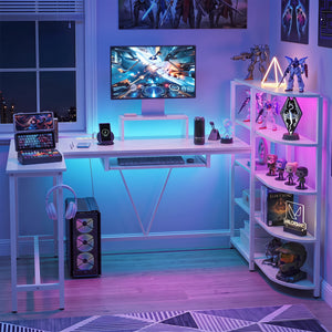 63" U-shaped Computer Desk with Power Outlets 5-Tier Bookshelf and Keyboard Tray-White