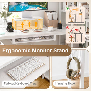 63" U-shaped Computer Desk with Power Outlets 5-Tier Bookshelf and Keyboard Tray-White