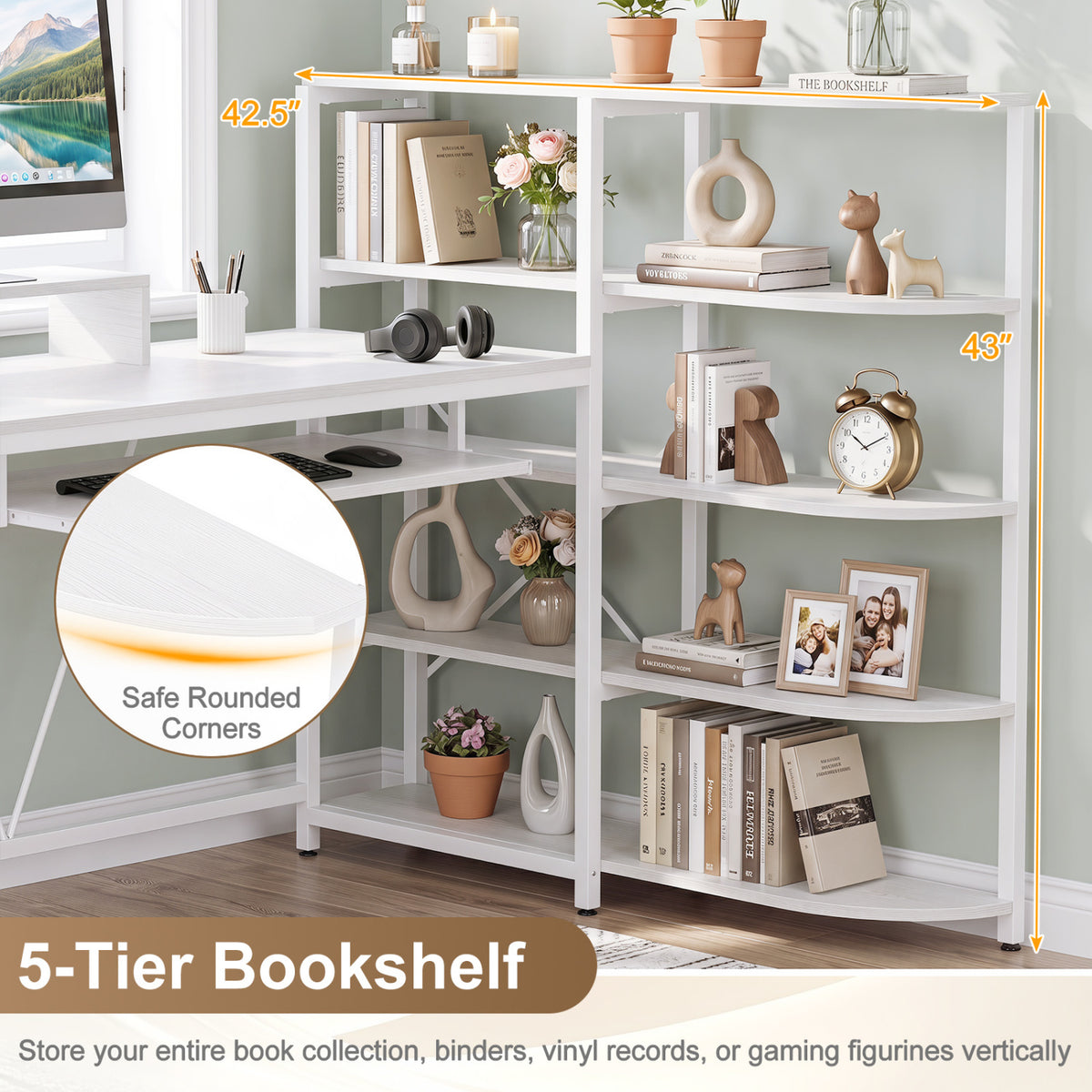 63" U-shaped Computer Desk with Power Outlets 5-Tier Bookshelf and Keyboard Tray-White