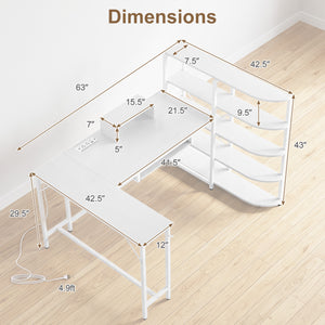 63" U-shaped Computer Desk with Power Outlets 5-Tier Bookshelf and Keyboard Tray-White