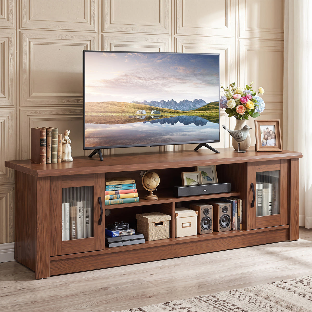 63â€ Wooden Farmhouse TV Stand for 70" TVs with 2 Fluted Doors and 3 Open Compartments-Brown
