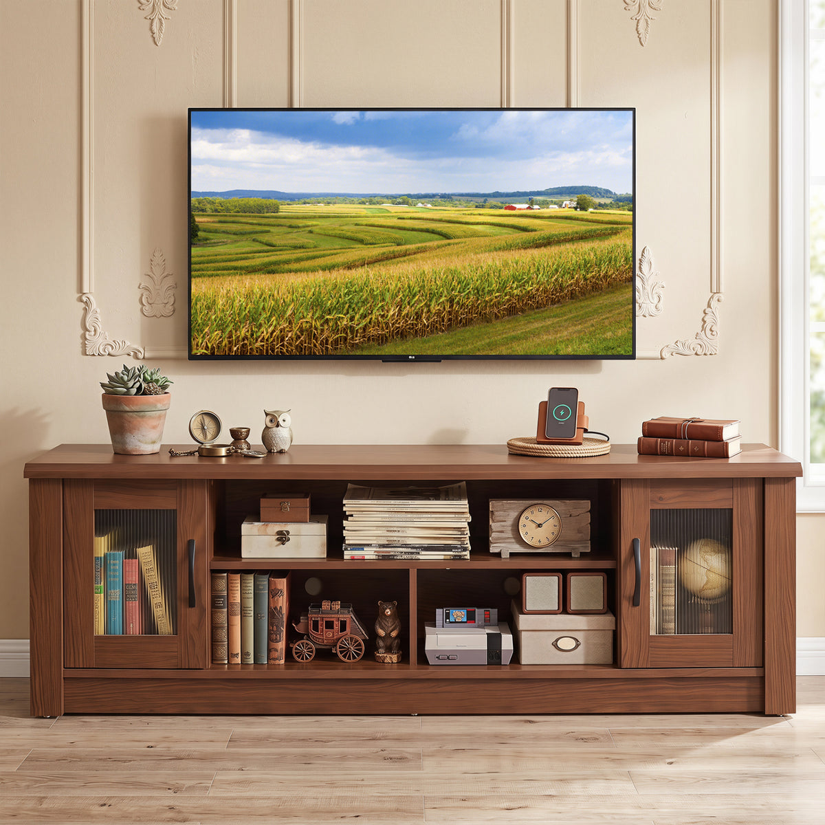 63â€ Wooden Farmhouse TV Stand for 70" TVs with 2 Fluted Doors and 3 Open Compartments-Brown