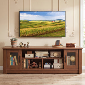 63â€ Wooden Farmhouse TV Stand for 70" TVs with 2 Fluted Doors and 3 Open Compartments-Brown