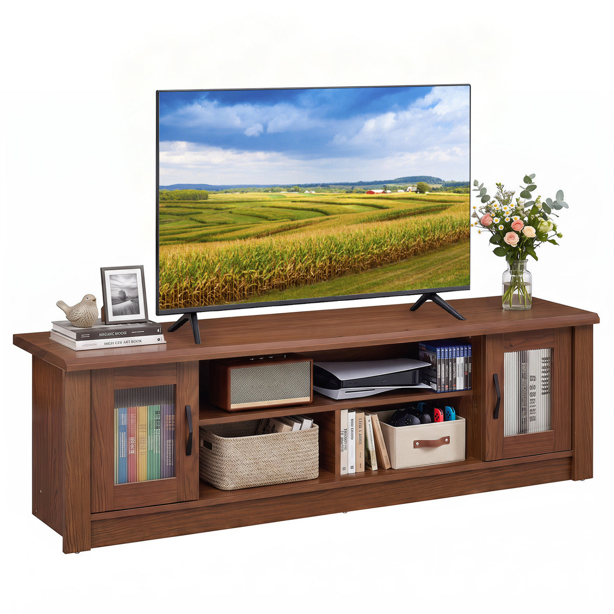 63â€ Wooden Farmhouse TV Stand for 70" TVs with 2 Fluted Doors and 3 Open Compartments-Brown