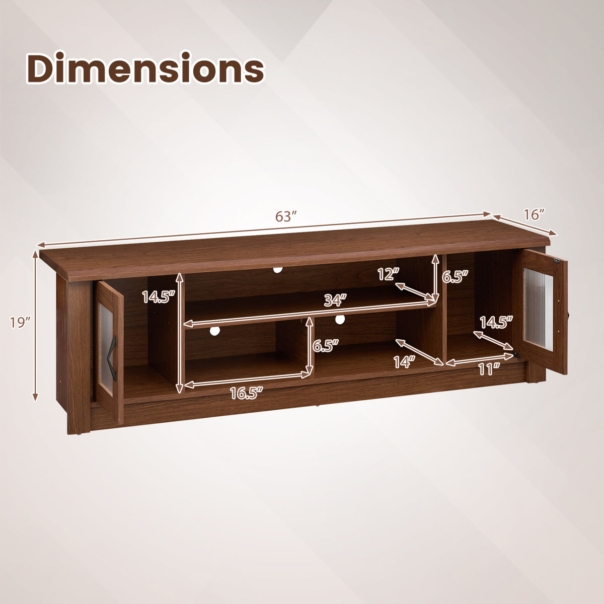 63â€ Wooden Farmhouse TV Stand for 70" TVs with 2 Fluted Doors and 3 Open Compartments-Brown