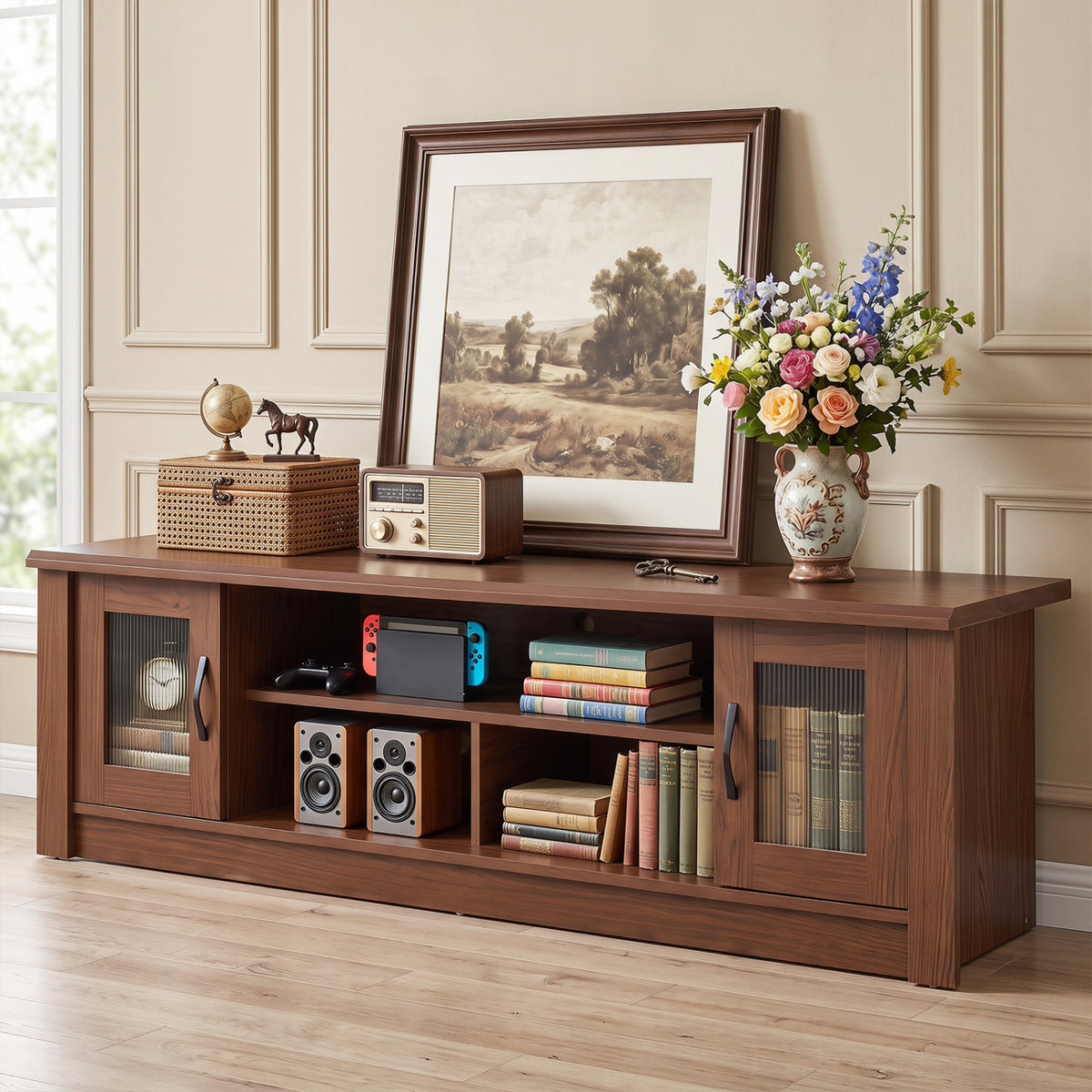63â€ Wooden Farmhouse TV Stand for 70" TVs with 2 Fluted Doors and 3 Open Compartments-Brown