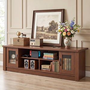 63â€ Wooden Farmhouse TV Stand for 70" TVs with 2 Fluted Doors and 3 Open Compartments-Brown