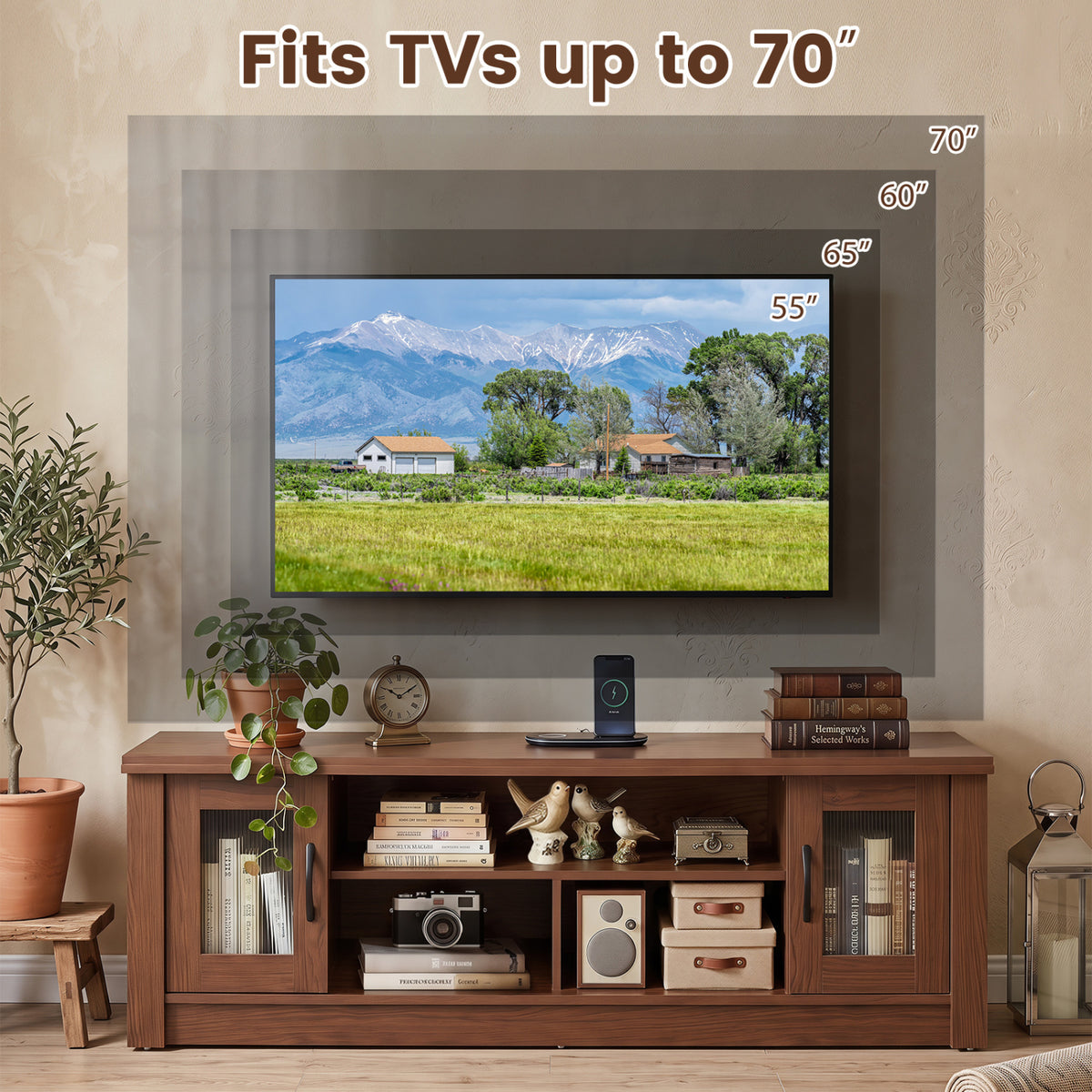 63â€ Wooden Farmhouse TV Stand for 70" TVs with 2 Fluted Doors and 3 Open Compartments-Brown