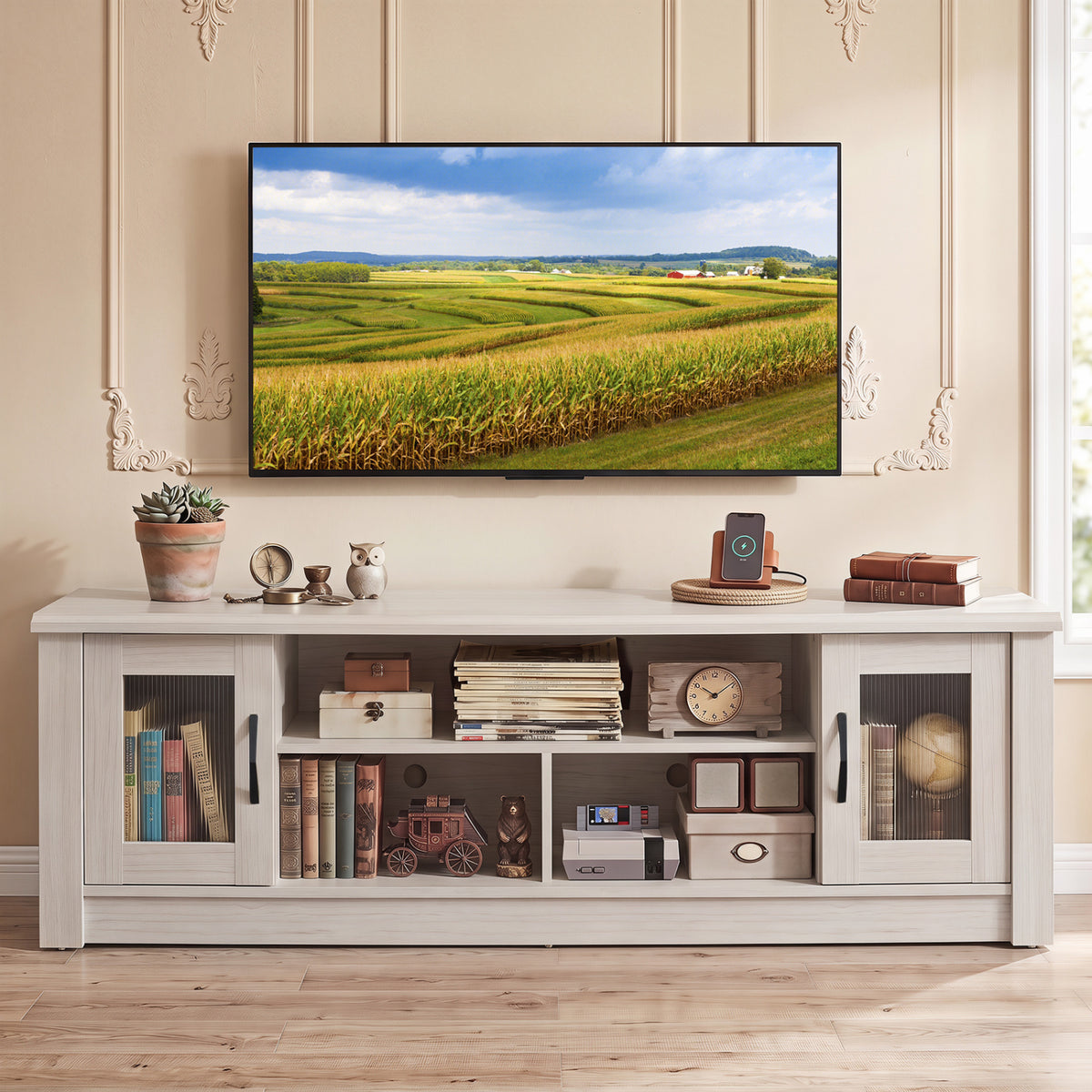 63â€ Wooden Farmhouse TV Stand for 70" TVs with 2 Fluted Doors and 3 Open Compartments-White