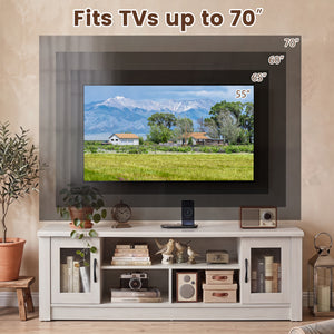 63â€ Wooden Farmhouse TV Stand for 70" TVs with 2 Fluted Doors and 3 Open Compartments-White