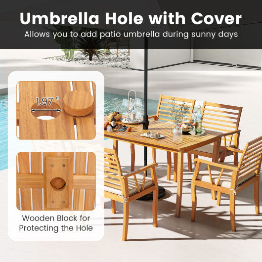 63 inch Outdoor Dining Table with Umbrella Hole Farmhouse Bistro Dinette Furniture