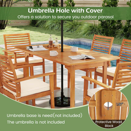 63 inch Outdoor Dining Table with Umbrella Hole and Slatted Tabletop