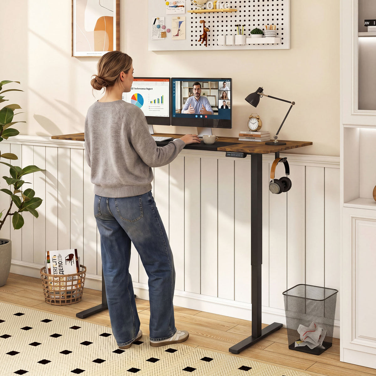 63 x 24 Inch Height Adjustable Sit Stand Computer Desk with 3 Memory Presets-Rustic Brown